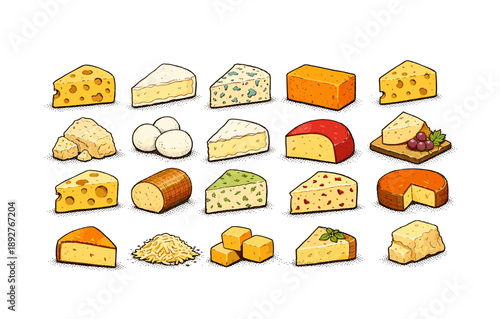 Variety of cheeses collection: gouda, brie, blue, and more in detailed art