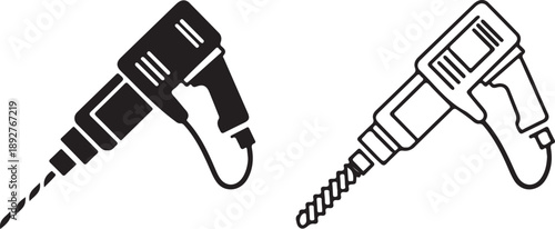 A black filled and a white outline illustration of two power drills both featuring drill bits high quality professional