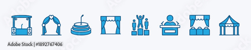 Set of blue outline icons depicting stage elements for events and presentations, including podiums, curtains, arches, tents, and audience seating areas.