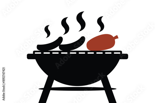 Sizzling Sausages and Meat on a Barbecue Grill, outdoor cooking concept