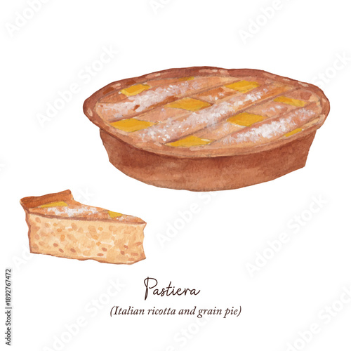 Photos Watercolor illustration of Italian Easter pies, traditional pastiera tart with l