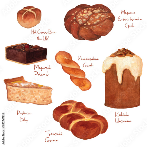Watercolor illustration of  traditional Easter desserts from various countries, including Hot Cross Buns, Mazanec (Czech), Mazurek (Polish), Pastiera Napoletana, Kouloura (Greek), Kulich (Ukrainian)