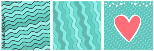 turquoise Valentines day geometric wave and stripes background collection. Valentines day teal and aqua wave poster, social media post layout, quiz backdrop, square banner design template set