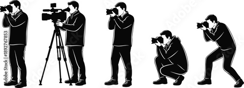 Black Silhouette Collection of Professional Photographers and Videographers Using DSLR Cameras and Video Equipment on Tripods Isolated on White Background for Media Production Design