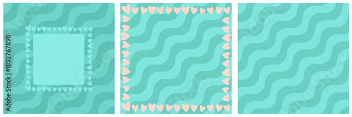 turquoise Valentines day geometric wave and stripes background collection. Valentines day teal and aqua wave poster, social media post layout, quiz backdrop, square banner design template set