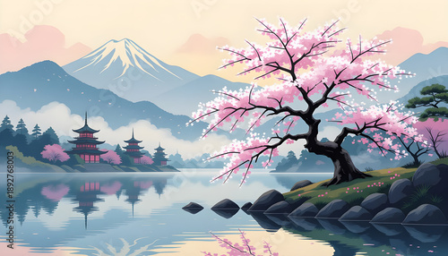 Cherry blossom tree stands near a serene lake reflecting the scenery, with traditional pagoda buildings and mountains in the background