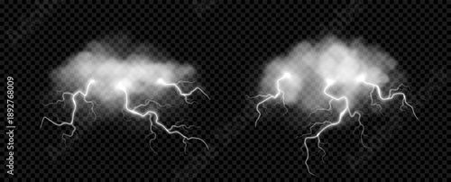 Stormy clouds with lightning bolts. Vector illustration of atmospheric phenomena with thunderclouds. Epic thunderstorm effects isolated on dark checkered background. Clouds and electric lightning bolt