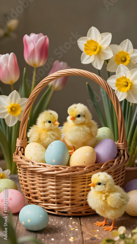 Three yellow chicks are positioned near a woven basket filled with pastel eggs, surrounded by vibrant tulips and daffodils in a springtime setting. Stories template phone background