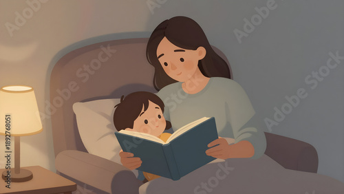 Woman reads a book to a child in a cozy bedroom, illuminated by a bedside lamp, with a comfortable bed and soft bedding visible in the background