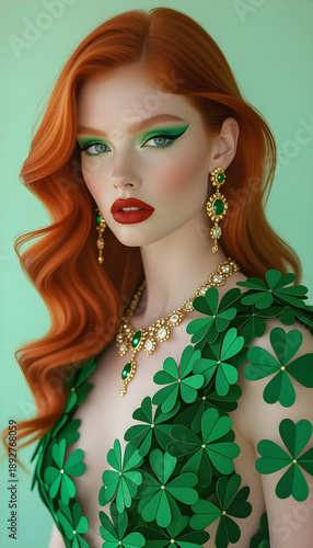 Model with red hair and green eye makeup showcases a clover-themed outfit and gold jewelry, set against a soft green background for Saint Patrick's Day. Stories template phone background