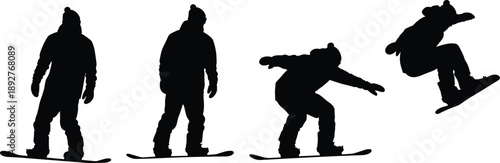 Black Silhouette Collection of Snowboarders in Various Action Poses Including Jumping and Riding on Snowboards Isolated on White Background for Winter Sports Design