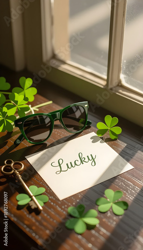 Green sunglasses are placed on a wooden table surrounded by shamrock leaves and a card that says 