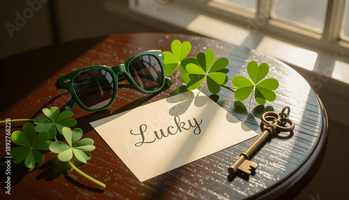 Green sunglasses and a vintage key are placed on a wooden table with a note saying 