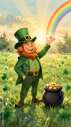 Cartoon leprechaun in green attire stands in a sunny field, holding a gold coin above a pot of gold, with a rainbow and clovers surrounding him. Stories template phone background