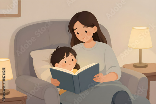 Illustration depicts a woman reading a book to a child in a gray armchair, surrounded by warm lighting and a comfortable living room setting