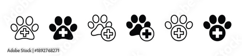 Set of paw print icons with a cross symbol, signifying veterinary services, animal care, or pet health, in various solid and outline styles.