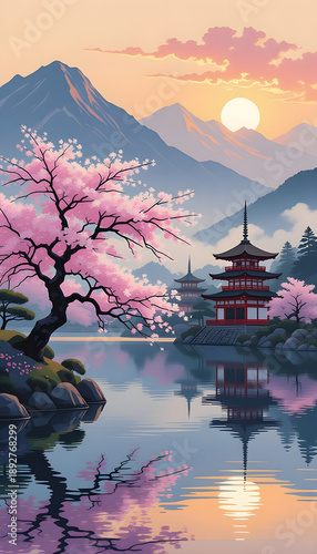 Cherry blossom tree stands by a serene lake reflecting a Japanese pagoda and mountains at sunset, with soft pastel hues in the sky. Stories template phone background