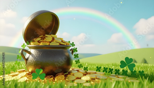 Pot of gold filled with coins sits on green grass, surrounded by clovers, with a rainbow arching in the background, representing Saint Patrick's Day