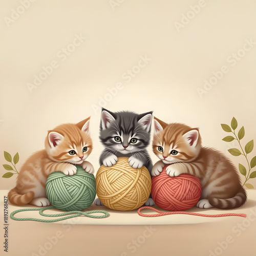 Three playful kittens, one gray and two orange, interact with vibrant yarn balls in a warm indoor environment featuring gentle lighting and decorative foliage
