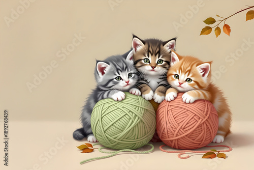 Three playful kittens, a gray tabby, a brown tabby, and an orange tabby, sit on yarn balls with autumn leaves in a soft beige background
