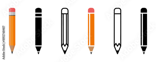 Set of pencil icons showing writing and drawing tools in various colors like orange and black with different styles and shading for stationery and art supplies vector