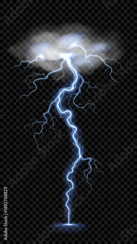 Vertical lightning strike from thundercloud. Vector illustration with dramatic atmospheric phenomena with vibrant lightning bolts and white thunderclouds. Epic thunderstorm effects.