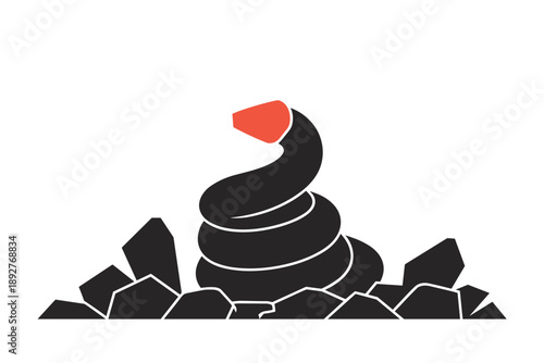 Coiled Serpent Emerging from Rocks, power and danger concept