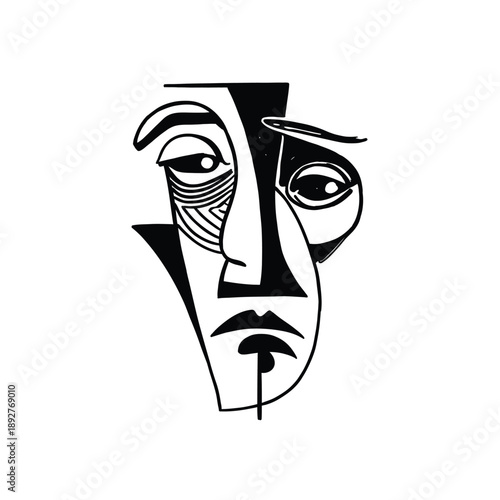 Expressive abstract cubist face illustrated in bold black and white line art, modern minimalist portrait suitable for posters, branding, editorial design and contemporary art projects