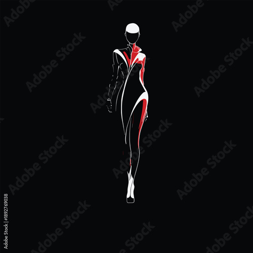 Minimalist fashion illustration of a runway model silhouette with bold red accents on black background. Modern high contrast artwork ideal for fashion branding, posters or editorial design