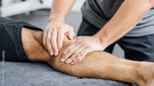 Photos Football player receiving manual muscle release massage physiotherapist using tr