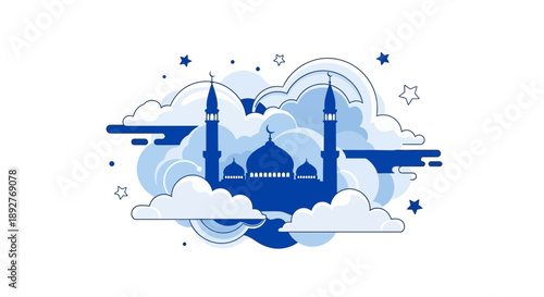 Serene mosque illustration surrounded by clouds and stars in a peaceful atmosphere viewed from afar
