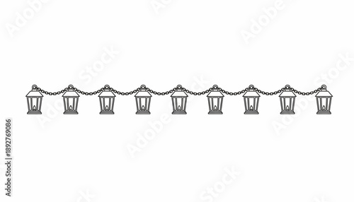 A series of identical metal hanging lights on a wire, viewed from the front, showcasing a harmonious arrangement