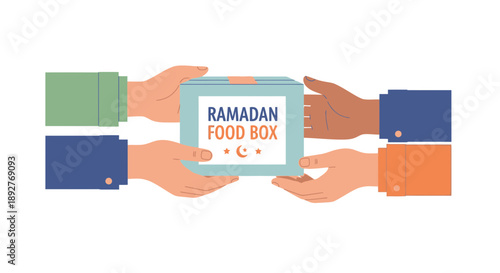 People exchanging a food box with the words 'Ramadan Food Box' during a charitable event, symbolizing community and ನೀವು support
