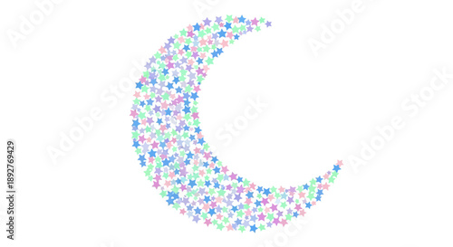 A vibrant crescent moon shape formed by colorful dots on a plain background viewed from a straightforward perspective