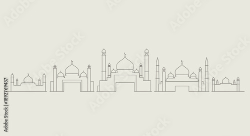 Illustration of a mosque skyline with multiple domes and minarets, capturing a serene religious landscape in a minimalist line art style from a frontal viewpoint