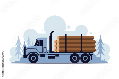 Flat Design Logging Truck Transporting Timber, forestry transport concept