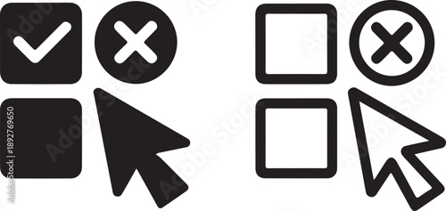 A set of black and white icons depicting checkmarks crosses empty boxes and a cursor arrow high quality professional