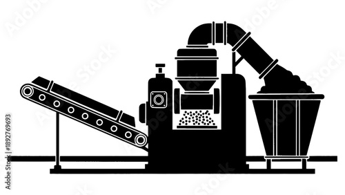 A black and white illustration of an industrial machine with conveyor belt