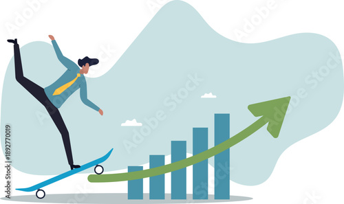 A businessman on a skateboard is getting ready to ride towards profit.