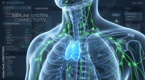 3D rendering of the human immune system with a focus on the thymus gland and lymphatic network.