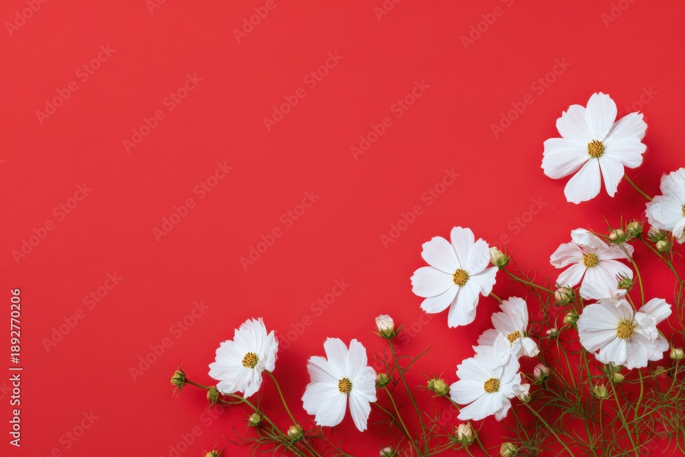 Obraz premium White cosmos flowers on vibrant red background