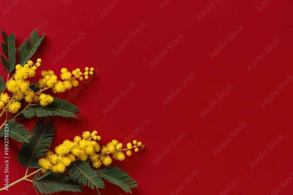 Obraz premium Yellow mimosa flowers with green leaves on red background for floral design