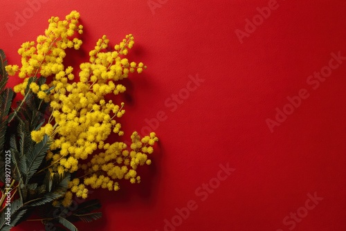 Yellow mimosa flowers on bold red background celebrating spring
