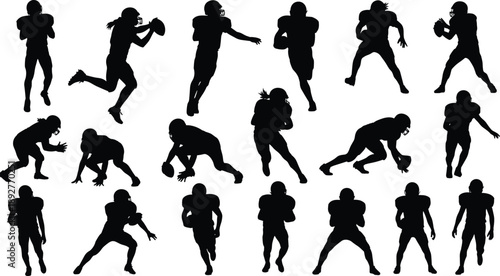 Black Silhouette Collection of American Football Players in Action Including Quarterback Throwing Ball and Athletes Running and Tackling Isolated on a Clean White Background