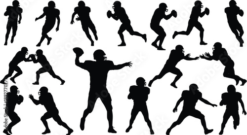 Black Silhouette Collection of American Football Players in Action Including Quarterback Throwing Ball and Athletes Running and Tackling Isolated on a Clean White Background