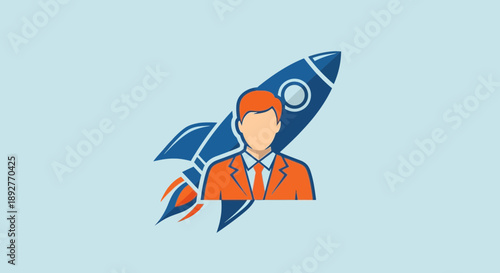 Man in suit launching with a rocket, symbolizing startup success and innovation.