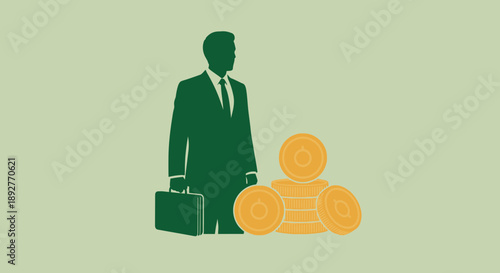 Businessman holding briefcase with stack of coins.