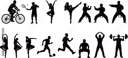 Black Silhouette Collection of Diverse Athletes and Sports Players Including Cyclist Tennis Player Karate Martial Arts and Gymnasts Isolated on White Background for Fitness Design