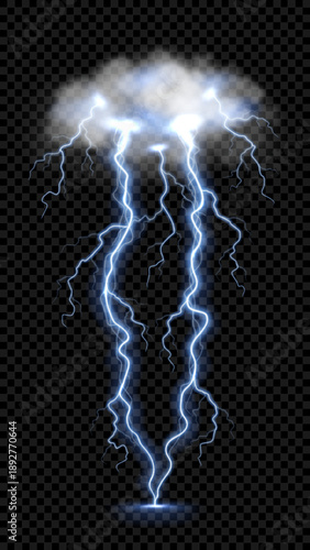 Double thunderbolt strike from thundercloud. Vector illustration with storm cloud and electric discharge forks. Weather atmospheric phenomena with glowing lightning bolts on dark background.