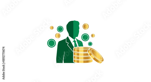 Businessman surrounded by floating coins and currency symbols.